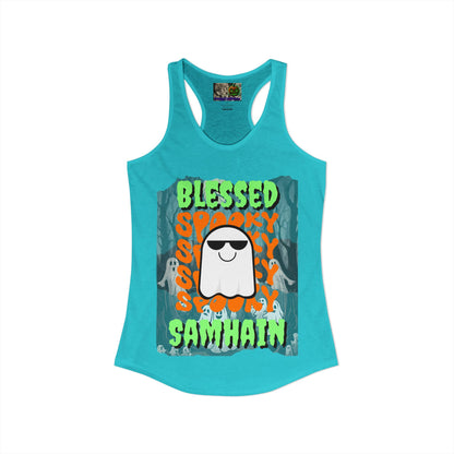 Spooky Blessed Samhain Ghost Green font Women's Racerback Tank Top by CreepyCrafts.boo