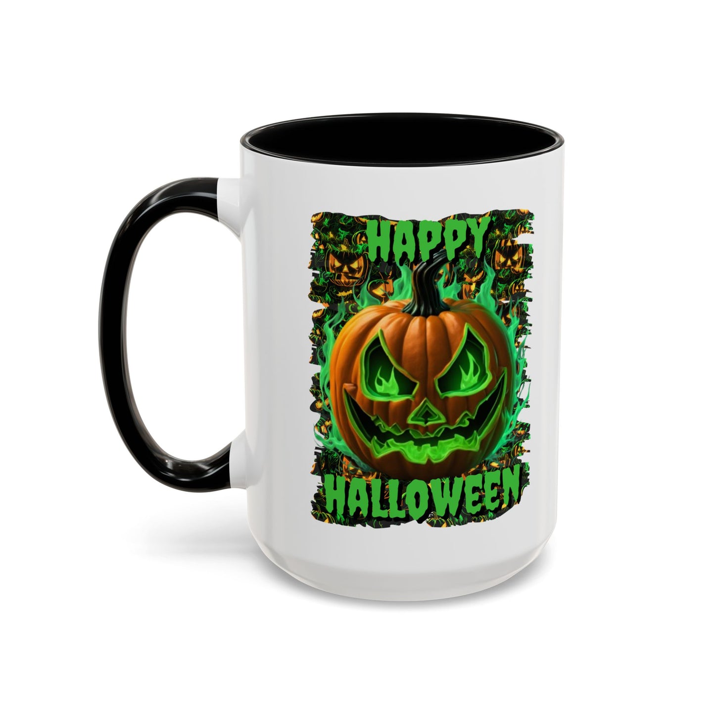 Happy Halloween Green Jack White Accent Mug by CreepyCrafts.boo