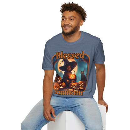 Blessed Samhain Cute Witch ORfont DKcolors Unisex T-Shirt by cypherpunkgear