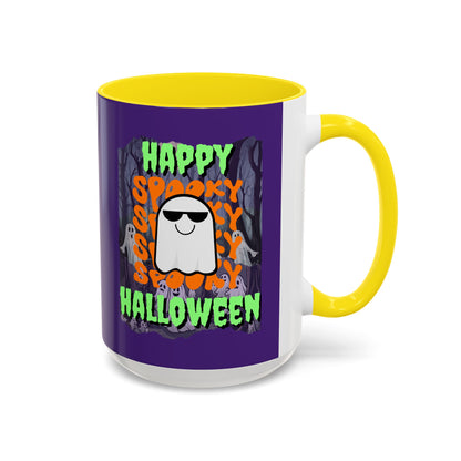 Spooky Happy Halloween Ghost Green font Purple Accent Mug by CreepyCrafts.boo