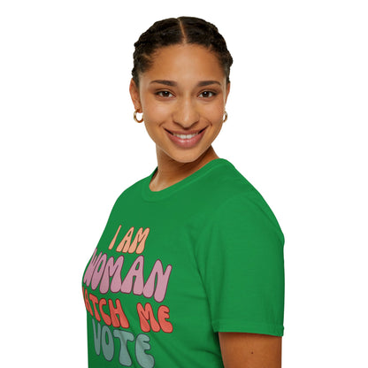 2-sided I Am Woman Watch Me Vote DKcolors Unisex T-Shirt by cypherpunkgear