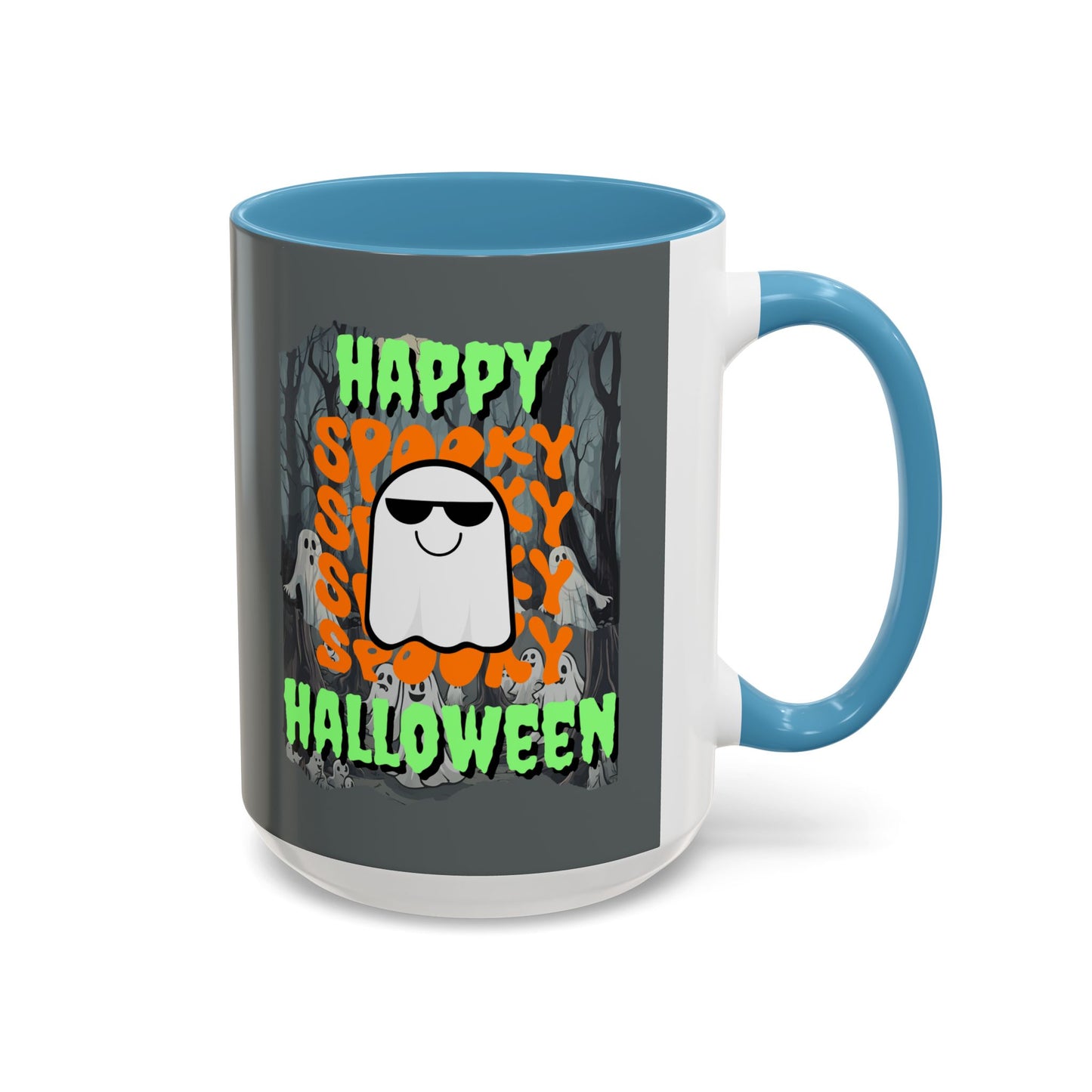 Spooky Happy Halloween Ghost Green font Grey Accent Mug by CreepyCrafts.boo