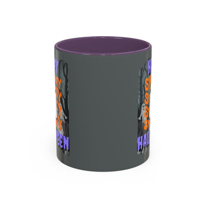 Spooky Happy Halloween Ghost Purple font Grey Accent Mug by CreepyCrafts.boo