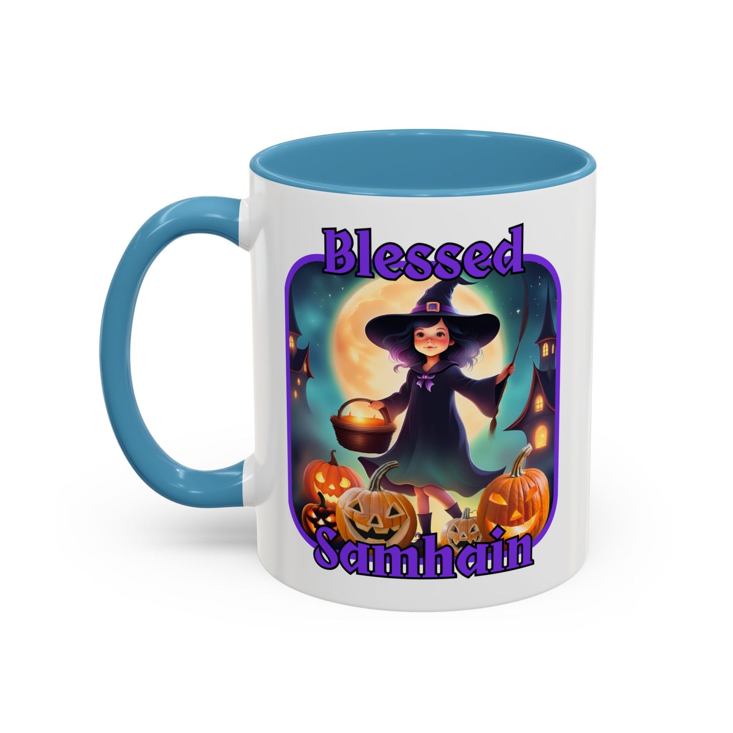 Blessed Samhain Little Witch Purple font White Accent Mug by CreepyCrafts.boo