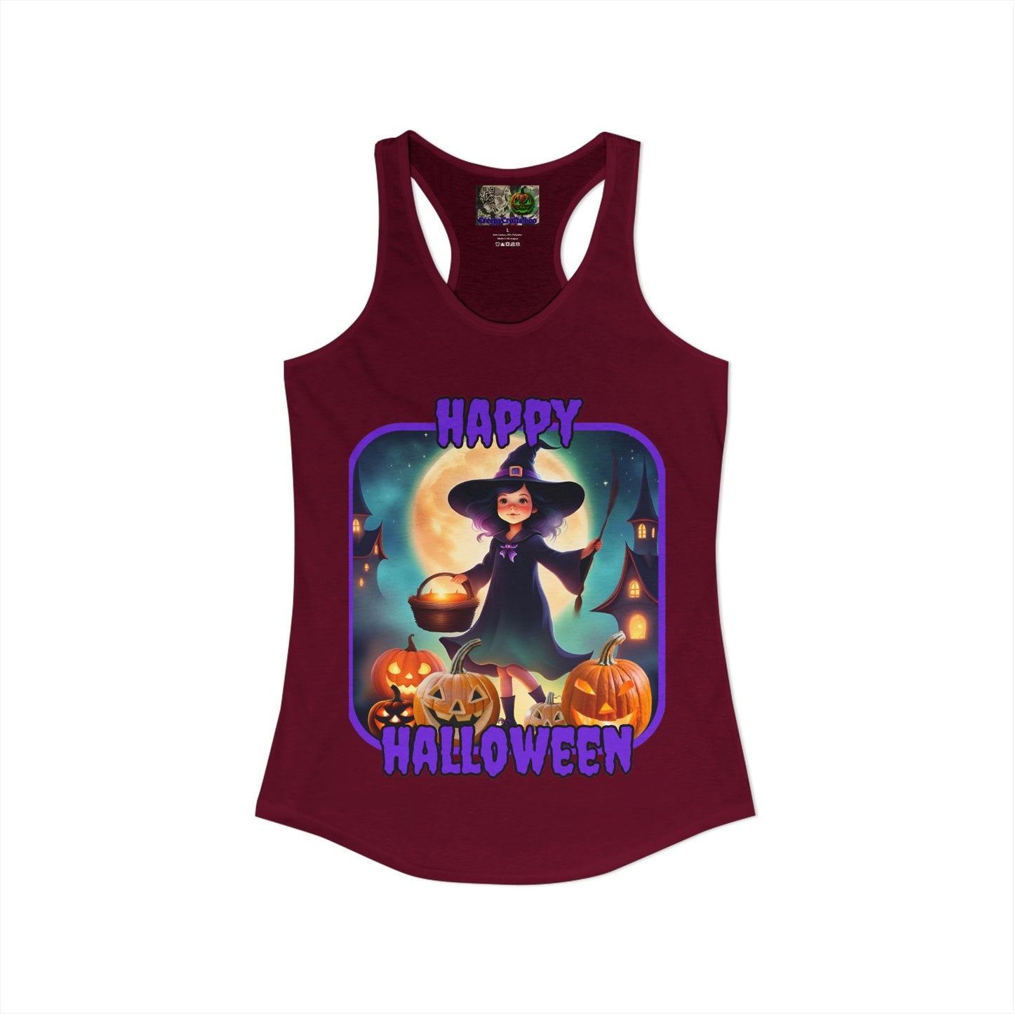 Happy Halloween Little Witch Purple font Women's Racerback Tank Top by CreepyCrafts.boo