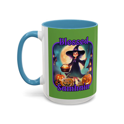 Blessed Samhain Little Witch Purple font Green Accent Mug by CreepyCrafts.boo