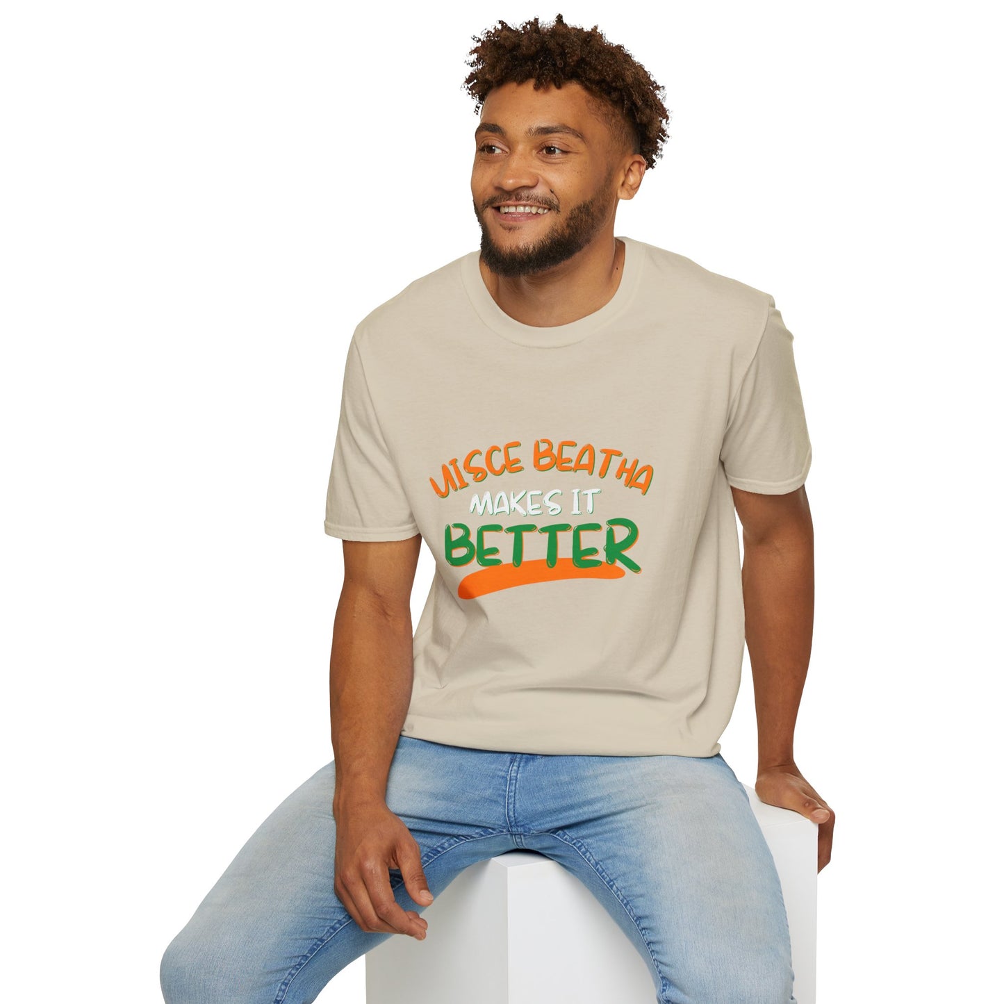 Uisce Beatha makes it better Orange, White, and Green font Light colors Unisex T-Shirt by cypherpunkgear.com