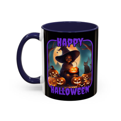 Happy Halloween Cute Witch Purple font Black Accent Mug by CreepyCrafts.boo
