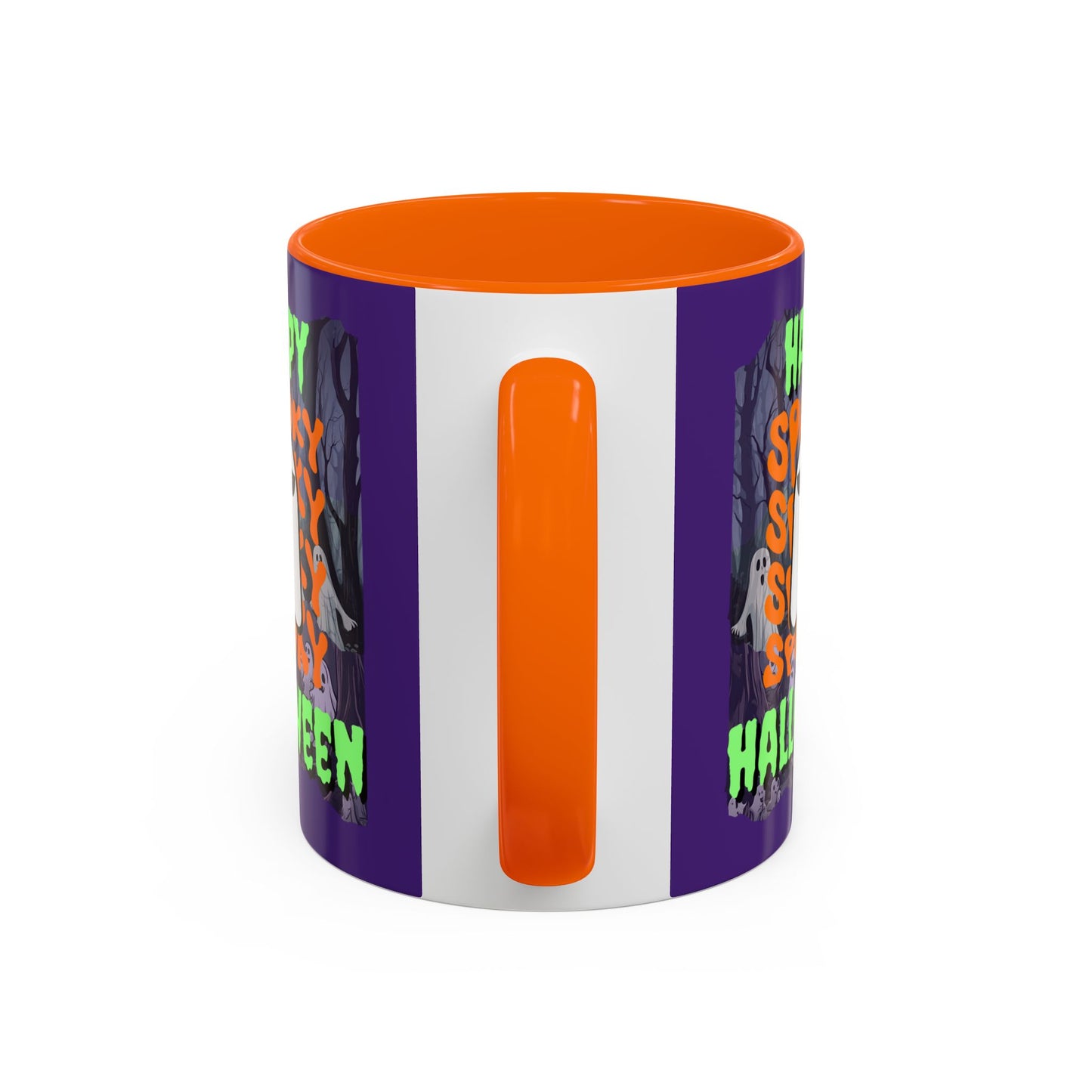 Spooky Happy Halloween Ghost Green font Purple Accent Mug by CreepyCrafts.boo