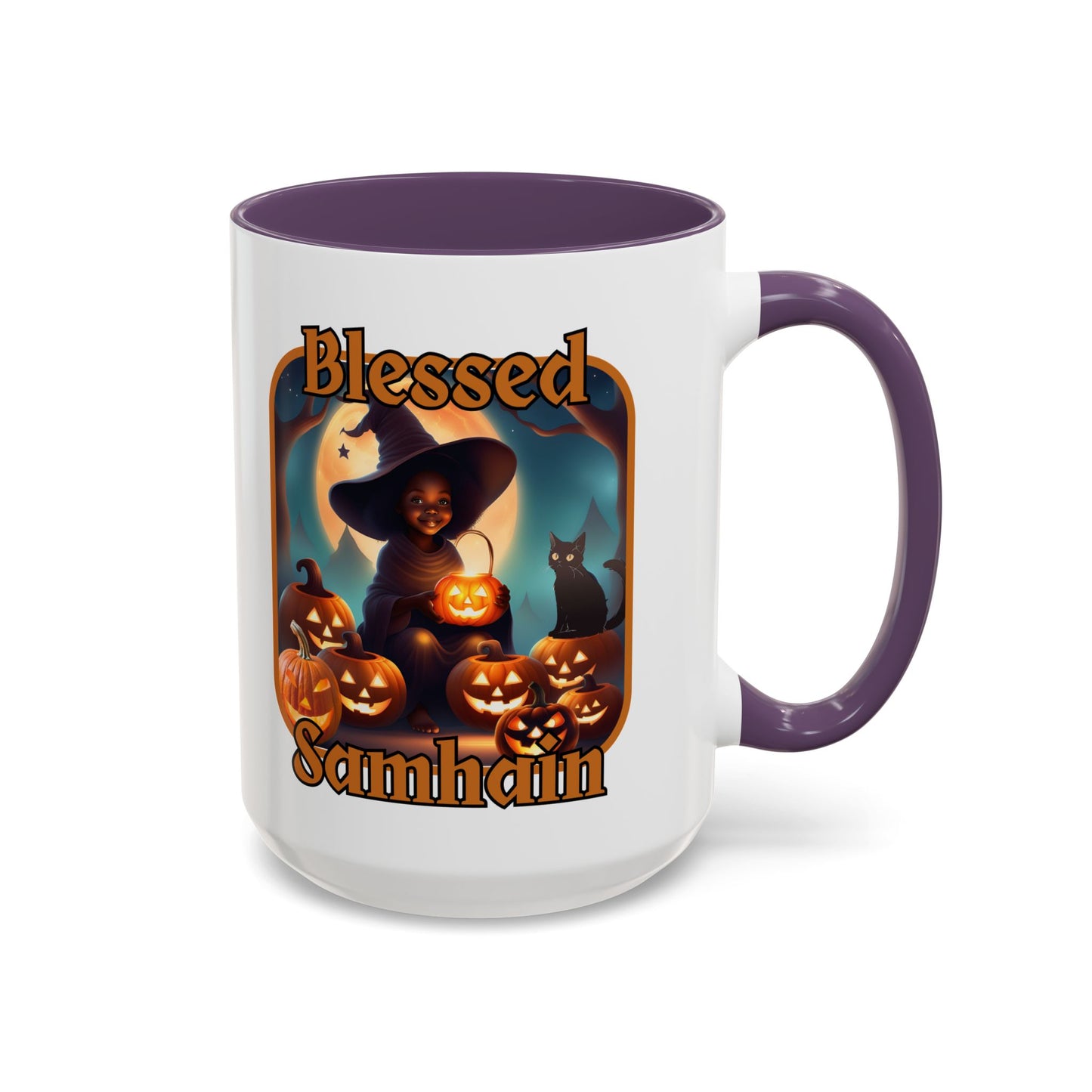 Blessed Samhain Cute Witch Orange font White Accent Mug by CreepyCrafts.boo
