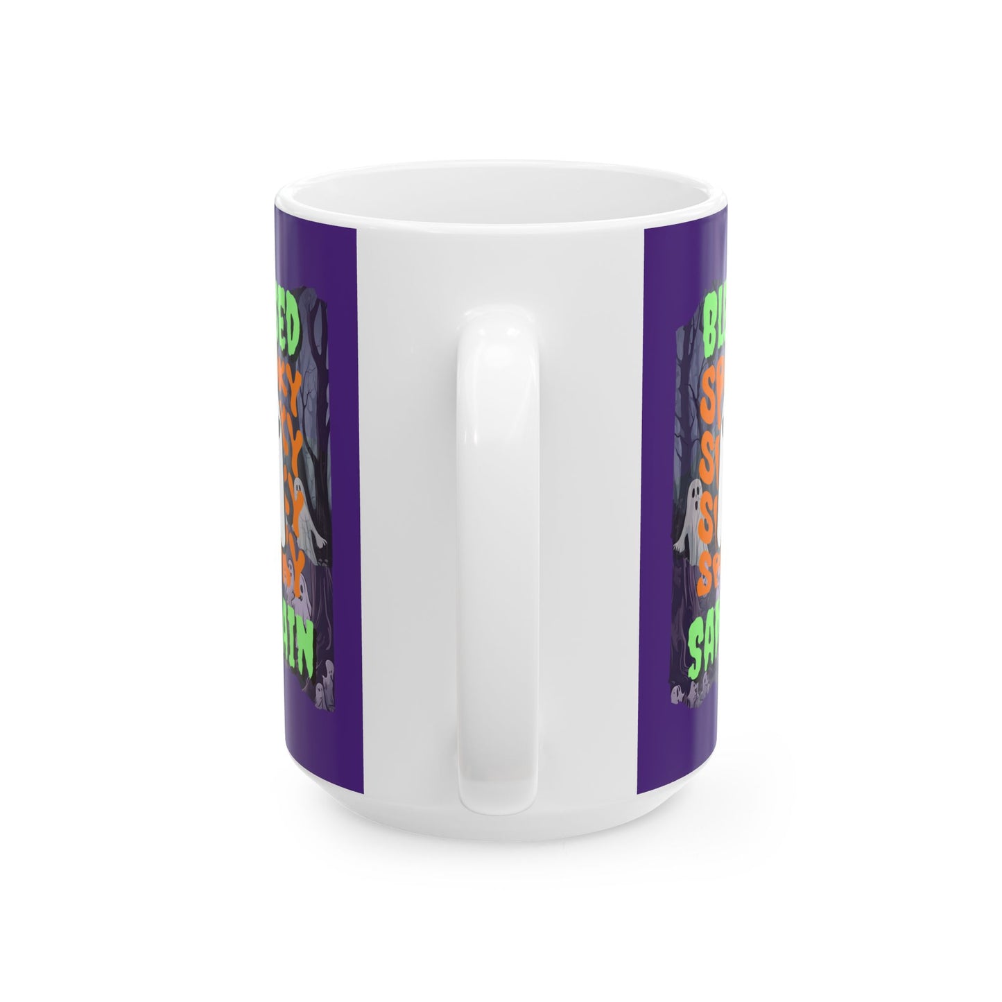 Spooky Blessed Samhain Ghost Green font Purple Mug by CreepyCrafts.boo