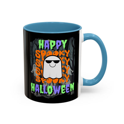 Spooky Happy Halloween Ghost Mixed font Black Accent Mug by CreepyCrafts.boo