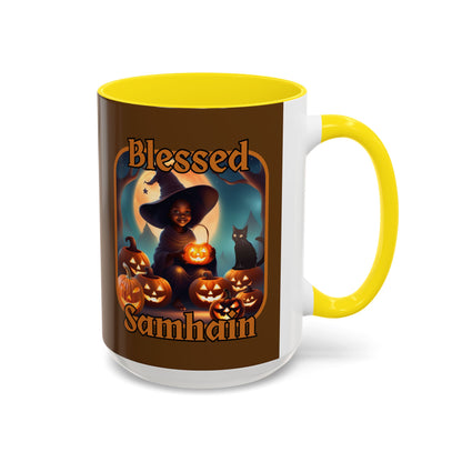 Blessed Samhain Cute Witch Orange font Brown Accent Mug by CreepyCrafts.boo