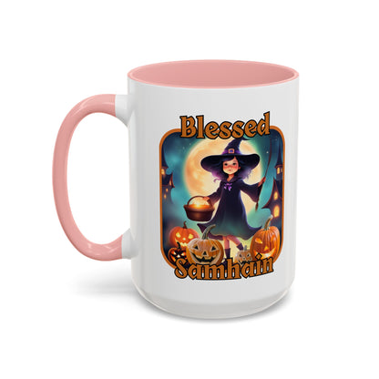 Blessed Samhain Little Witch Orange font White Accent Mug by CreepyCrafts.boo