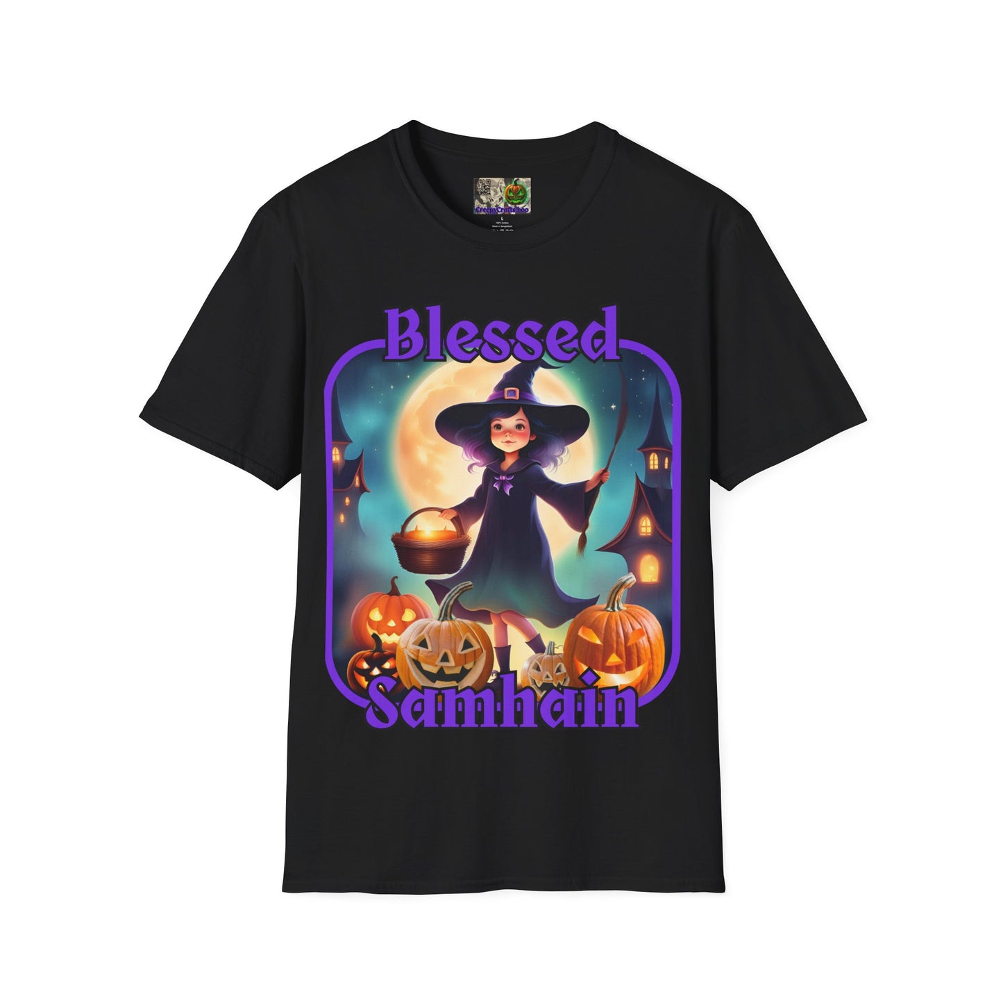 Blessed Samhain Little Witch Purple font Dark colors Unisex T-Shirt by CreepyCrafts.boo