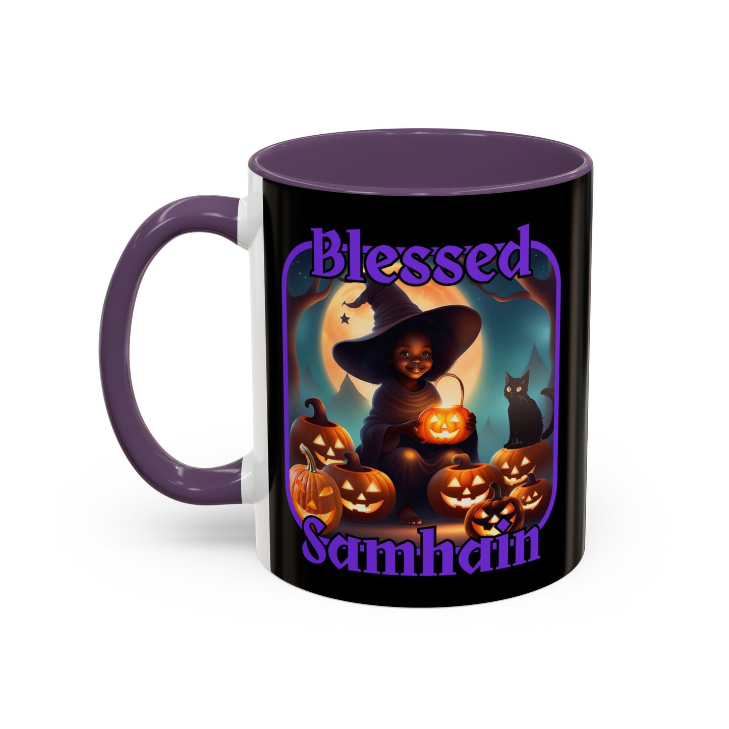 Blessed Samhain Cute Witch Purple font Black Accent Mug by CreepyCrafts.boo