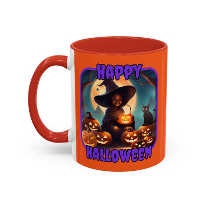 Happy Halloween Cute Witch Purple font Orange Accent Mug by CreepyCrafts.boo