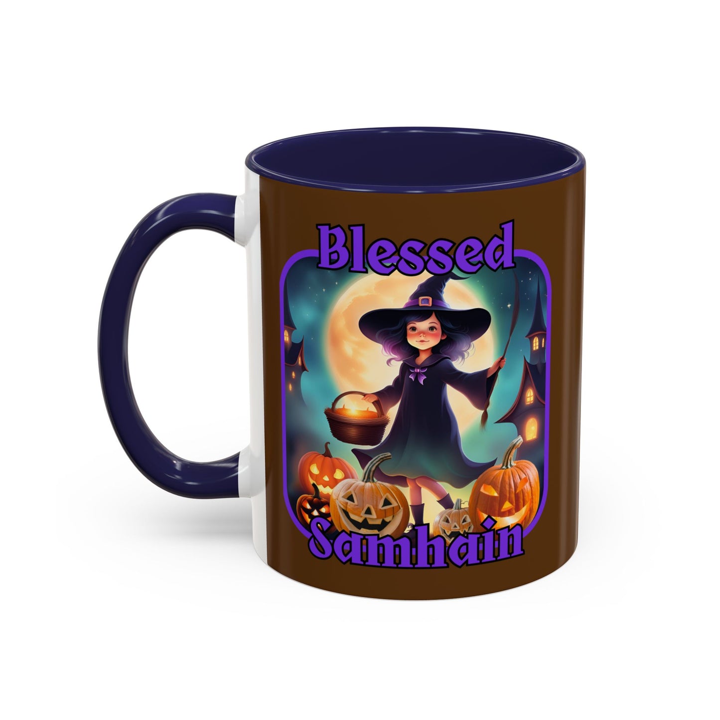 Blessed Samhain Little Witch Purple font Brown Accent Mug by CreepyCrafts.boo