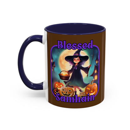 Blessed Samhain Little Witch Purple font Brown Accent Mug by CreepyCrafts.boo