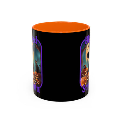 Blessed Samhain Cute Witch Purple font Black Accent Mug by CreepyCrafts.boo