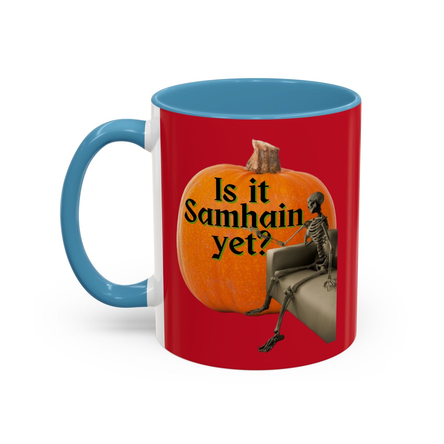 Is It Samhain Yet? Skeleton's Giant Pumpkin Red Accent Mug by CreepyCrafts.boo