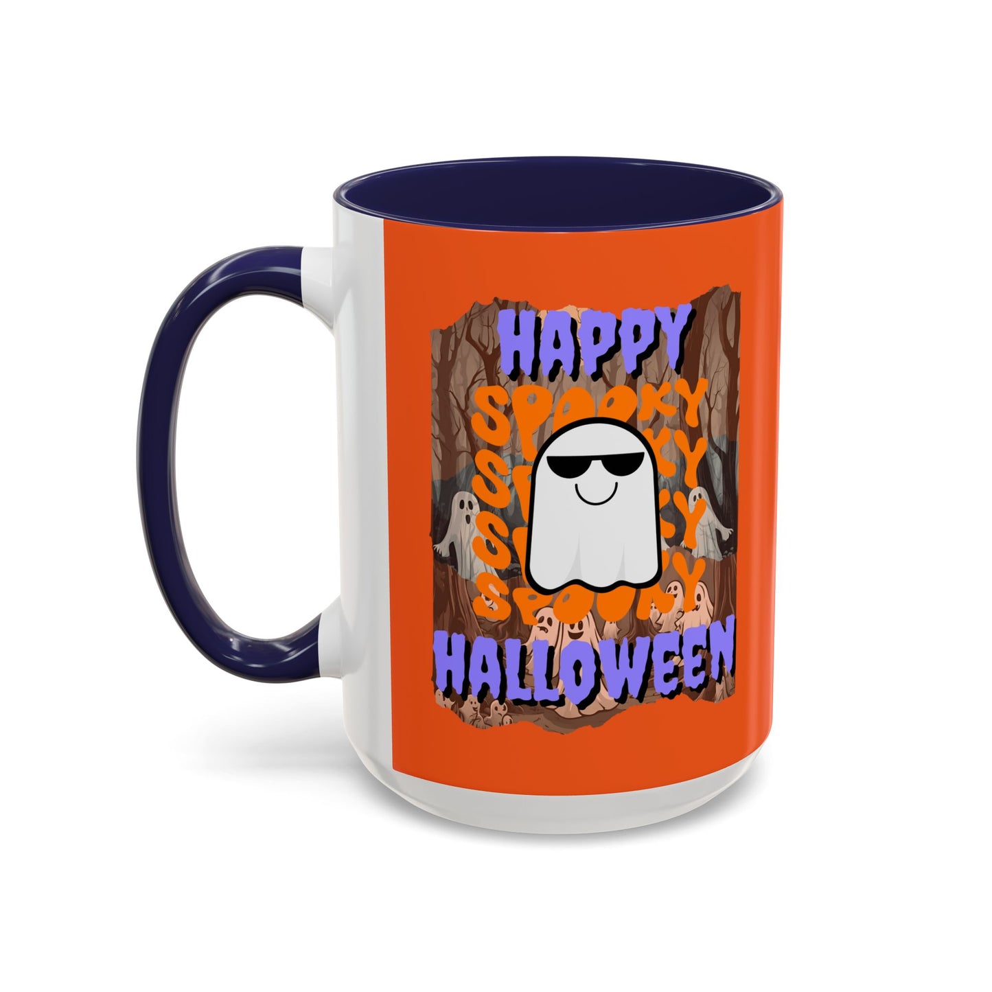Spooky Happy Halloween Ghost Purple font Orange Accent Mug by CreepyCrafts.boo