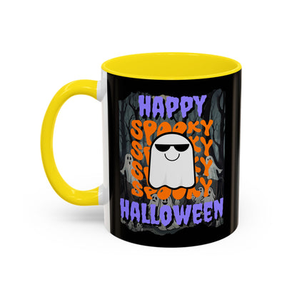 Spooky Happy Halloween Ghost Purple font Black Accent Mug by CreepyCrafts.boo