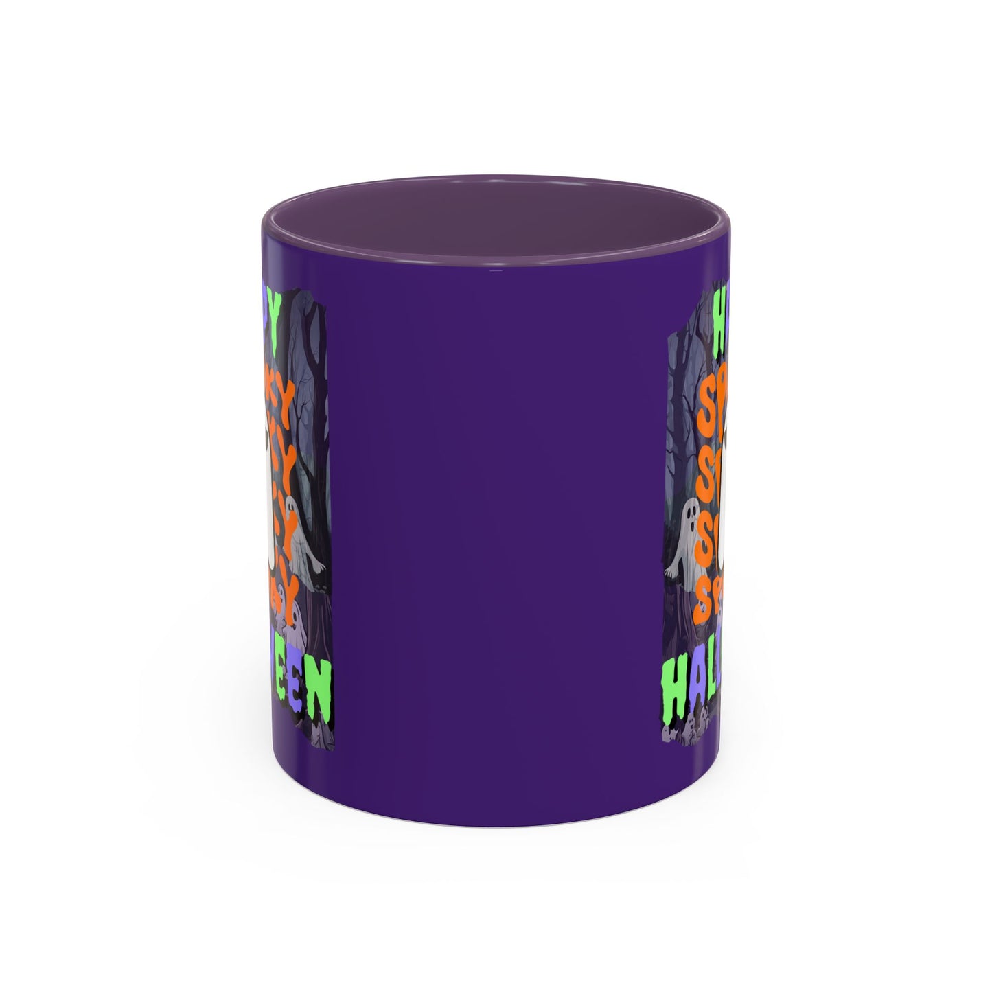 Spooky Happy Halloween Ghost Mixed font Purple Accent Mug by CreepyCrafts.boo