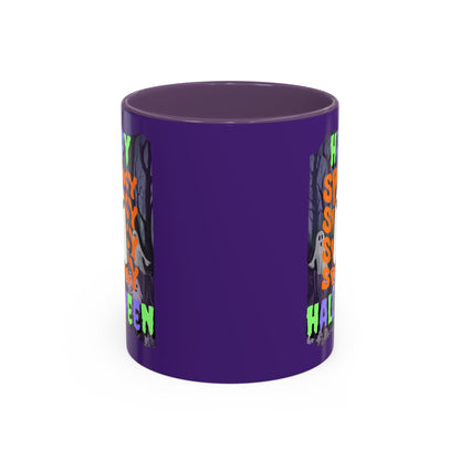 Spooky Happy Halloween Ghost Mixed font Purple Accent Mug by CreepyCrafts.boo
