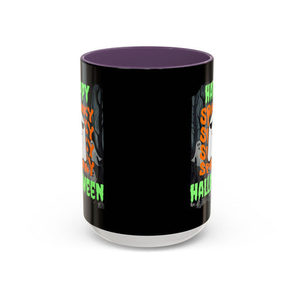 Spooky Happy Halloween Ghost Green font Black Accent Mug by CreepyCrafts.boo