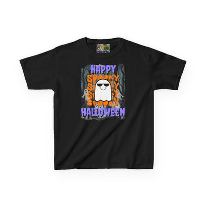 Spooky Happy Halloween Ghost Purple font Kids Heavy Cotton™ Tee by CreepyCrafts.boo