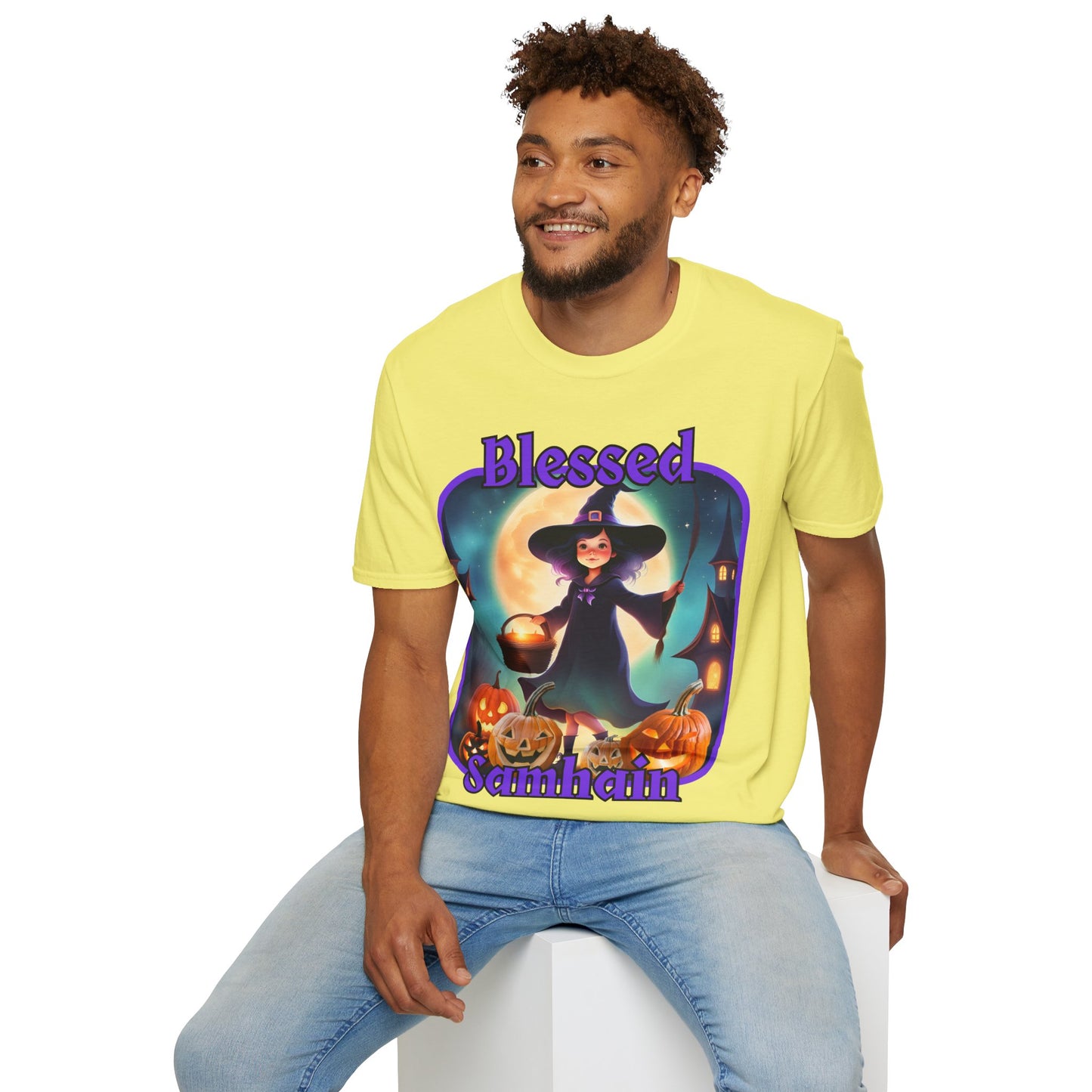 Blessed Samhain Little Witch Purple font Light colors Unisex T-Shirt by CreepyCrafts.boo