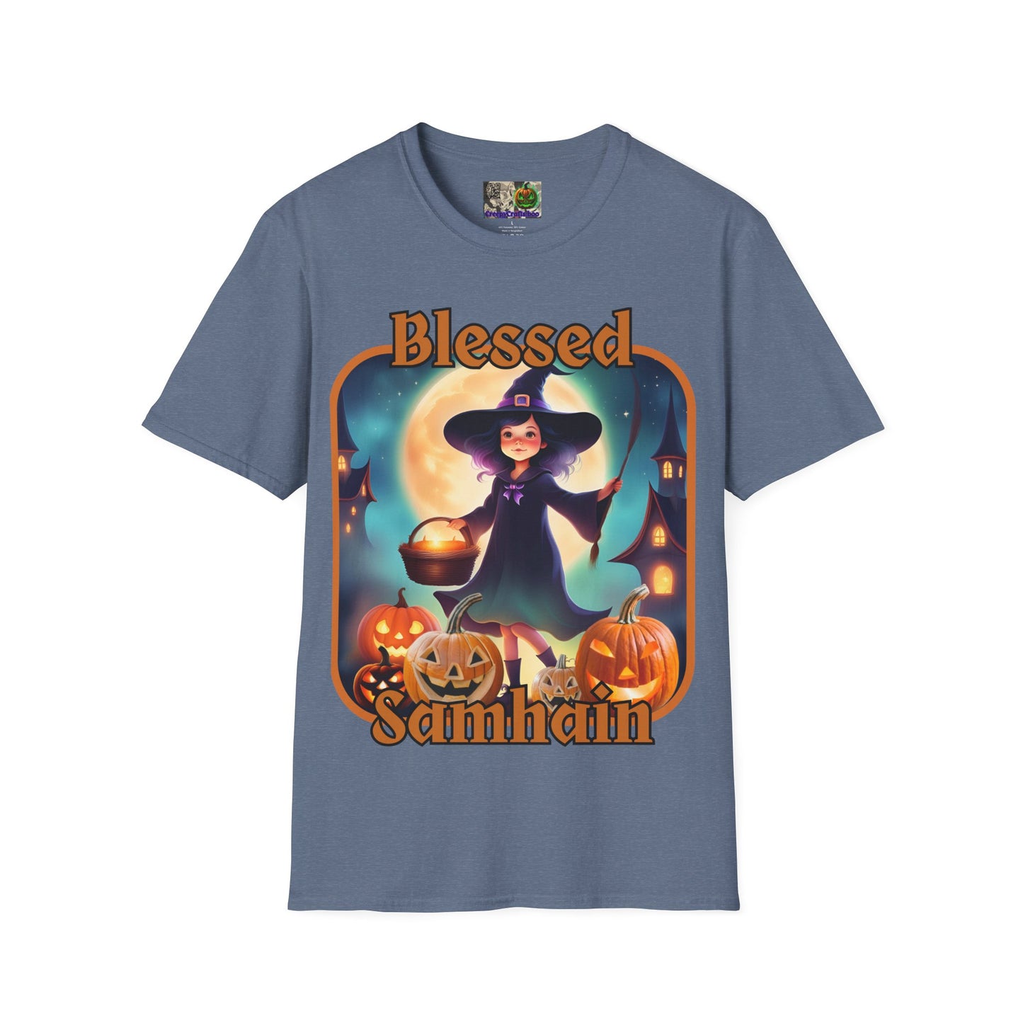 Blessed Samhain Little Witch Orange font Dark colors Unisex T-Shirt by CreepyCrafts.boo