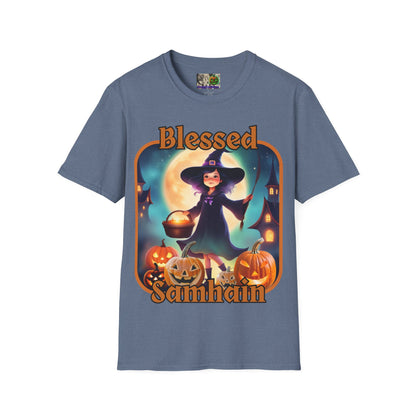 Blessed Samhain Little Witch Orange font Dark colors Unisex T-Shirt by CreepyCrafts.boo