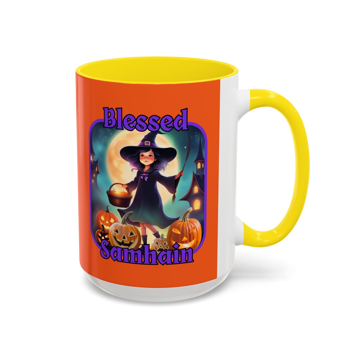 Blessed Samhain Little Witch Purple font Orange Accent Mug by CreepyCrafts.boo