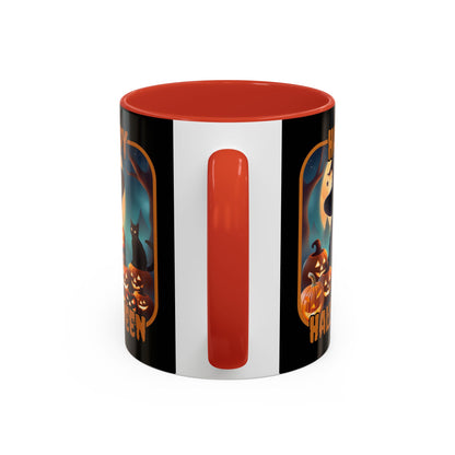 Happy Halloween Cute Witch Orange font Black Accent Mug by CreepyCrafts.boo