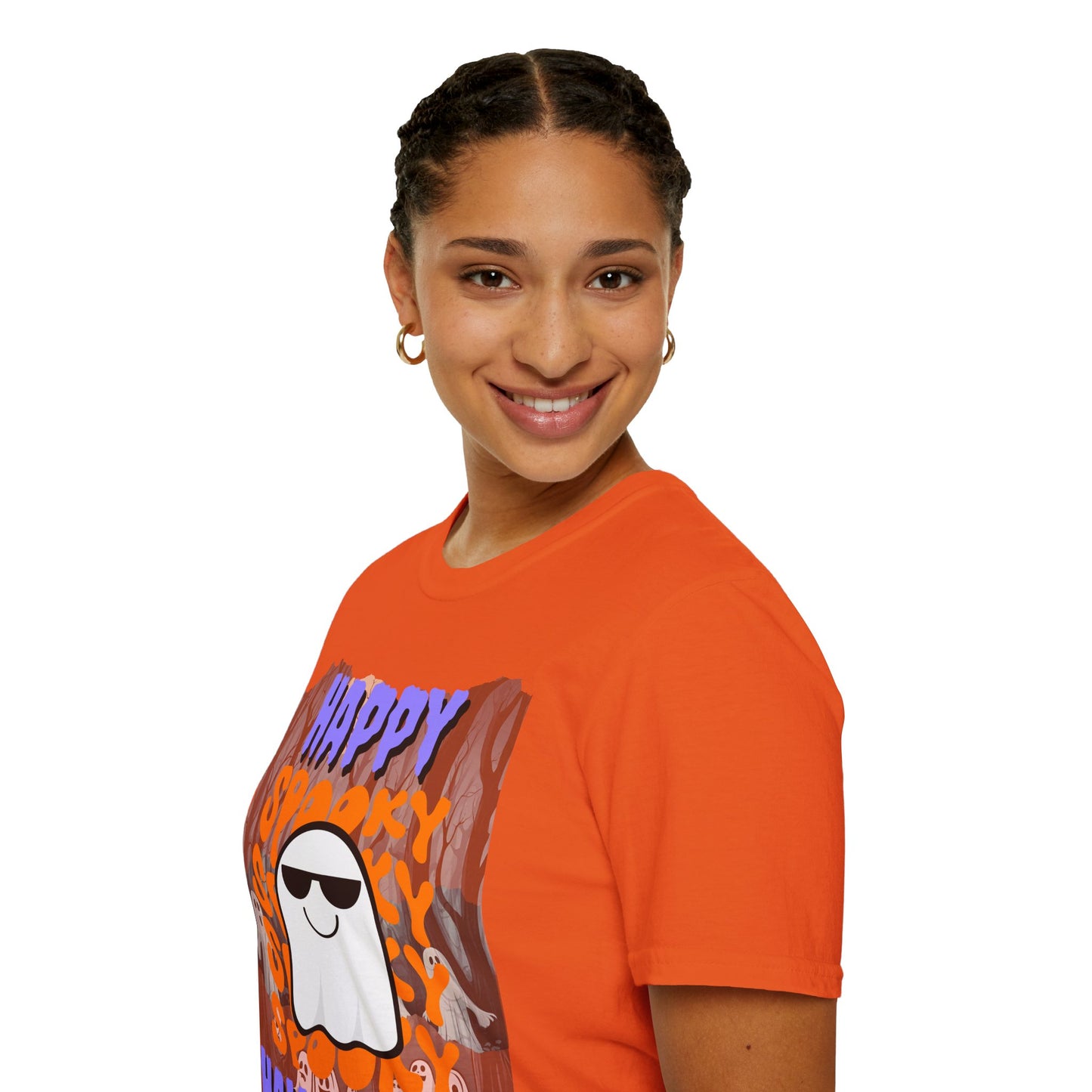 Spooky Happy Halloween Ghost Light colors Purple font Unisex T-Shirt by CreepyCrafts.boo