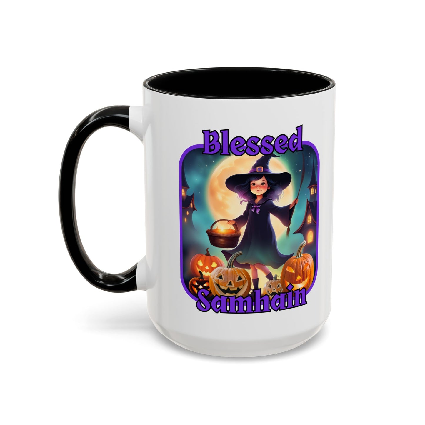 Blessed Samhain Little Witch Purple font White Accent Mug by CreepyCrafts.boo