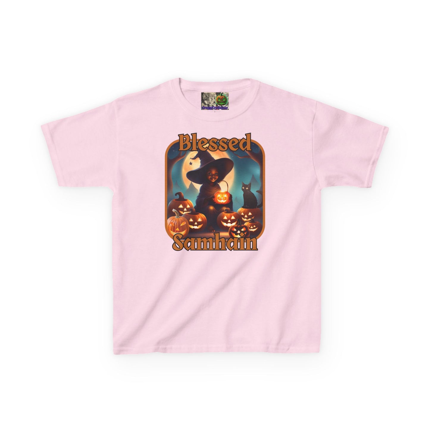 Blessed Samhain Cute Witch Orange font Kids Heavy Cotton™ Tee by CreepyCrafts.boo