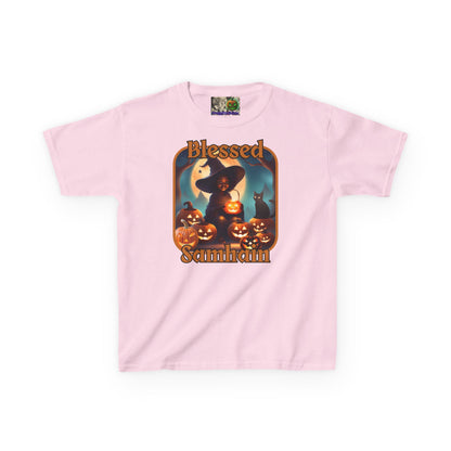Blessed Samhain Cute Witch Orange font Kids Heavy Cotton™ Tee by CreepyCrafts.boo