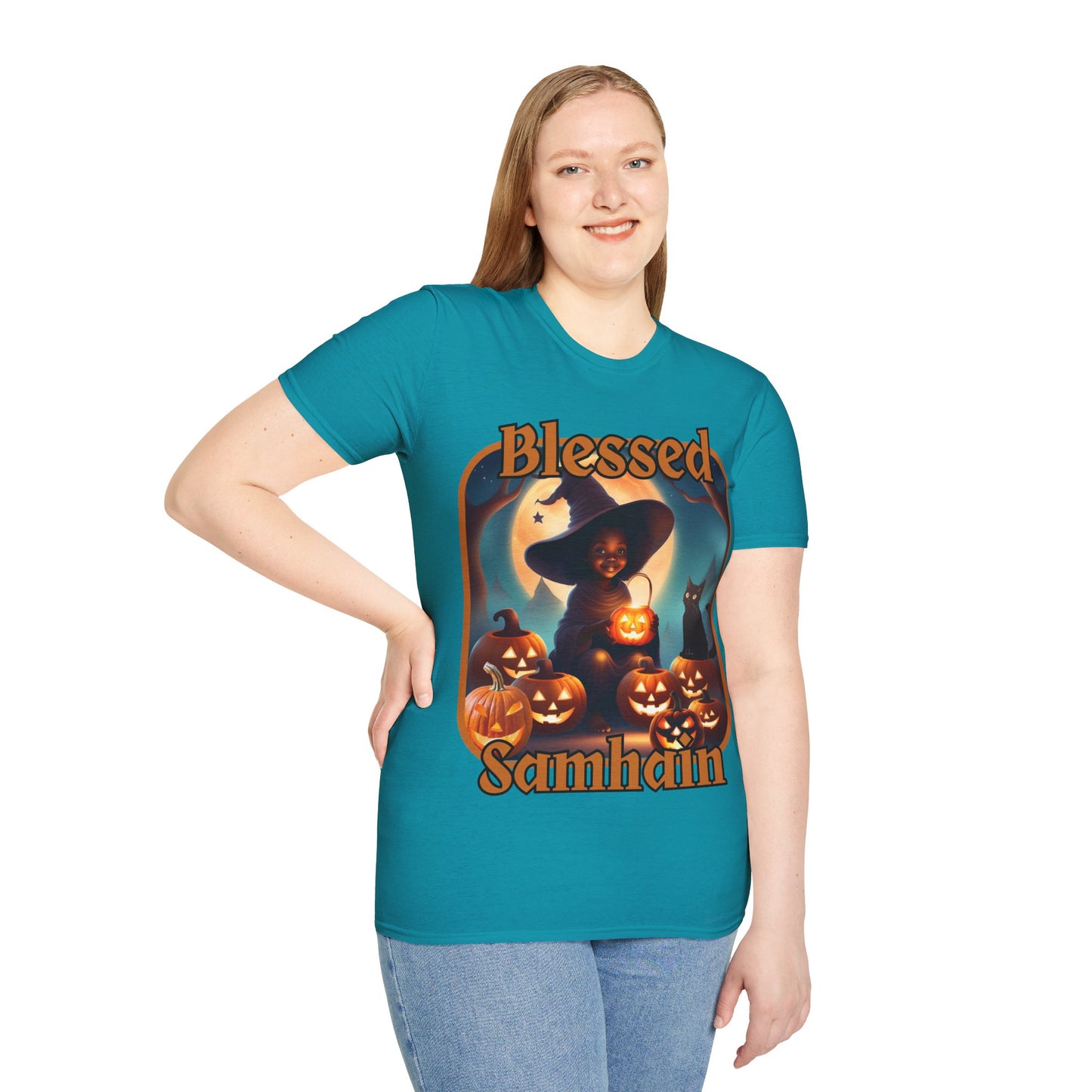 Blessed Samhain Cute Witch Orange font Dark colors Unisex T-Shirt by CreepyCrafts.boo