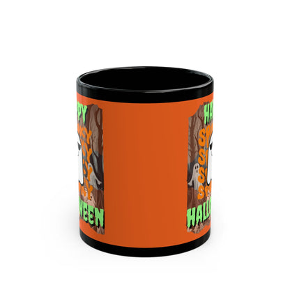 Spooky Happy Halloween Ghost Green font Orange Mug by CreepyCrafts.boo