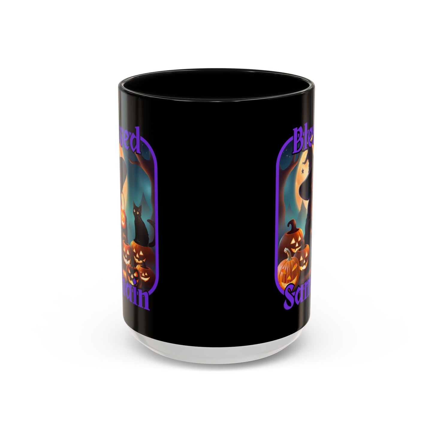 Blessed Samhain Cute Witch Purple font Black Accent Mug by CreepyCrafts.boo