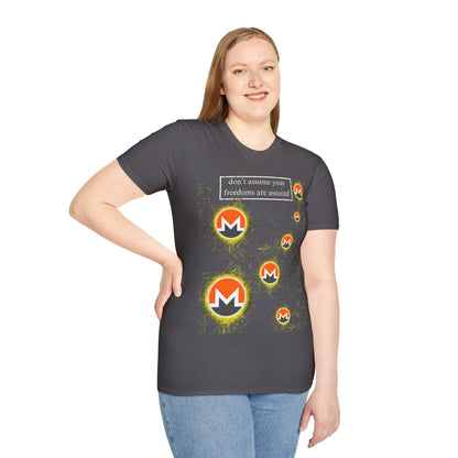 Monero (XMR) don't assume your freedoms are assured Dark colors Unisex T-Shirt by cypherpunkgear.com