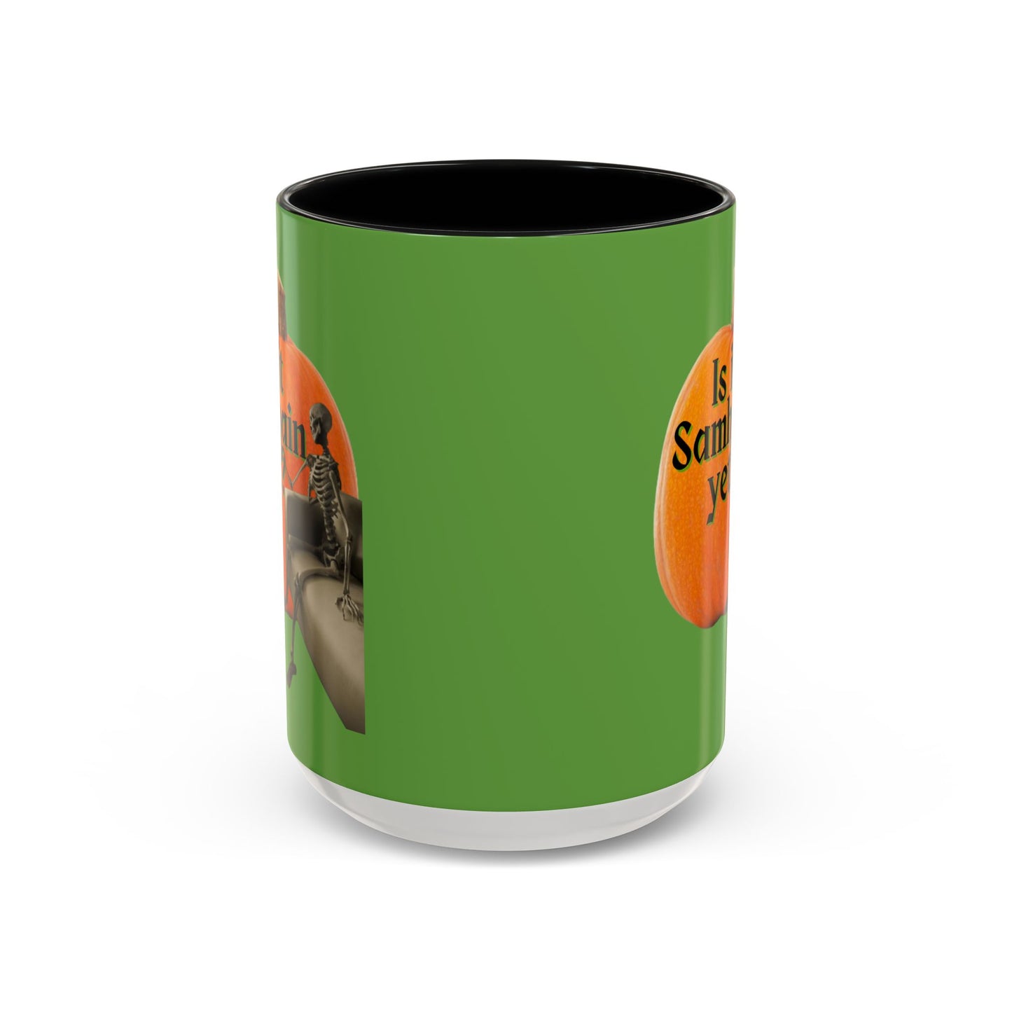 Is It Samhain Yet? Skeleton's Giant Pumpkin Green Accent Mug by CreepyCrafts.boo