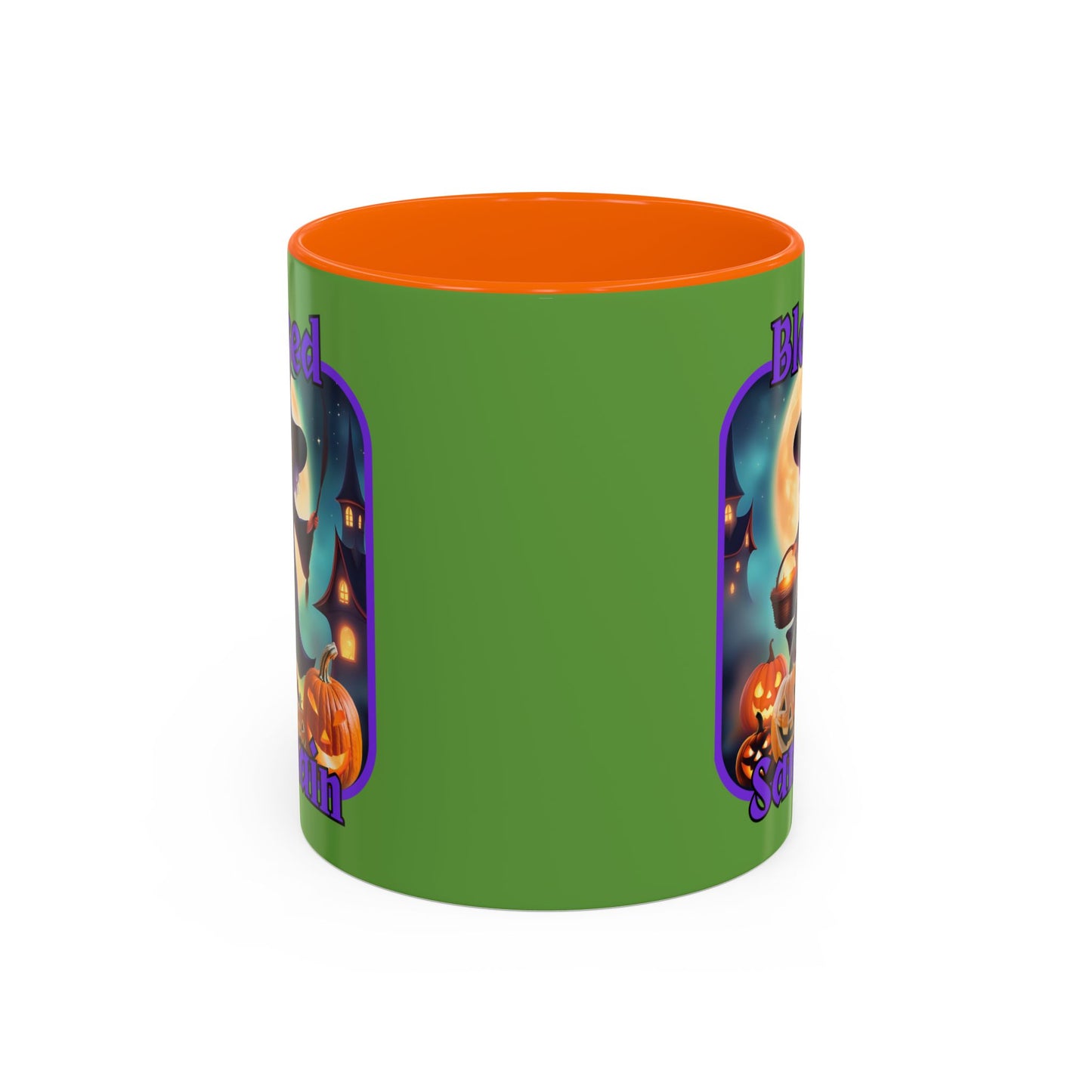 Blessed Samhain Little Witch Purple font Green Accent Mug by CreepyCrafts.boo