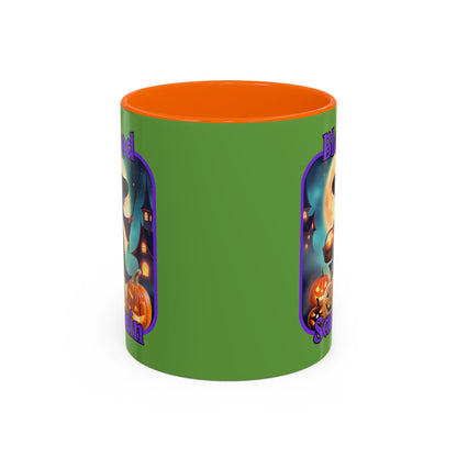 Blessed Samhain Little Witch Purple font Green Accent Mug by CreepyCrafts.boo