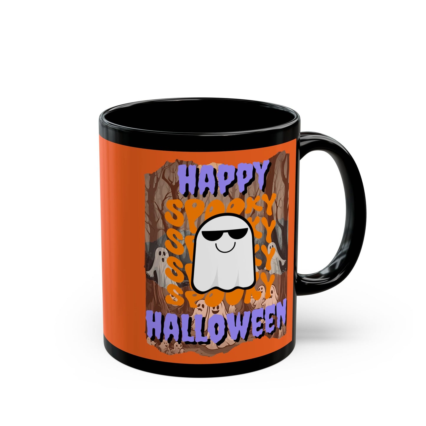 Spooky Happy Halloween Ghost Purple font Orange Mug by CreepyCrafts.boo