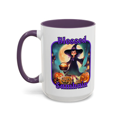 Blessed Samhain Little Witch Purple font White Accent Mug by CreepyCrafts.boo