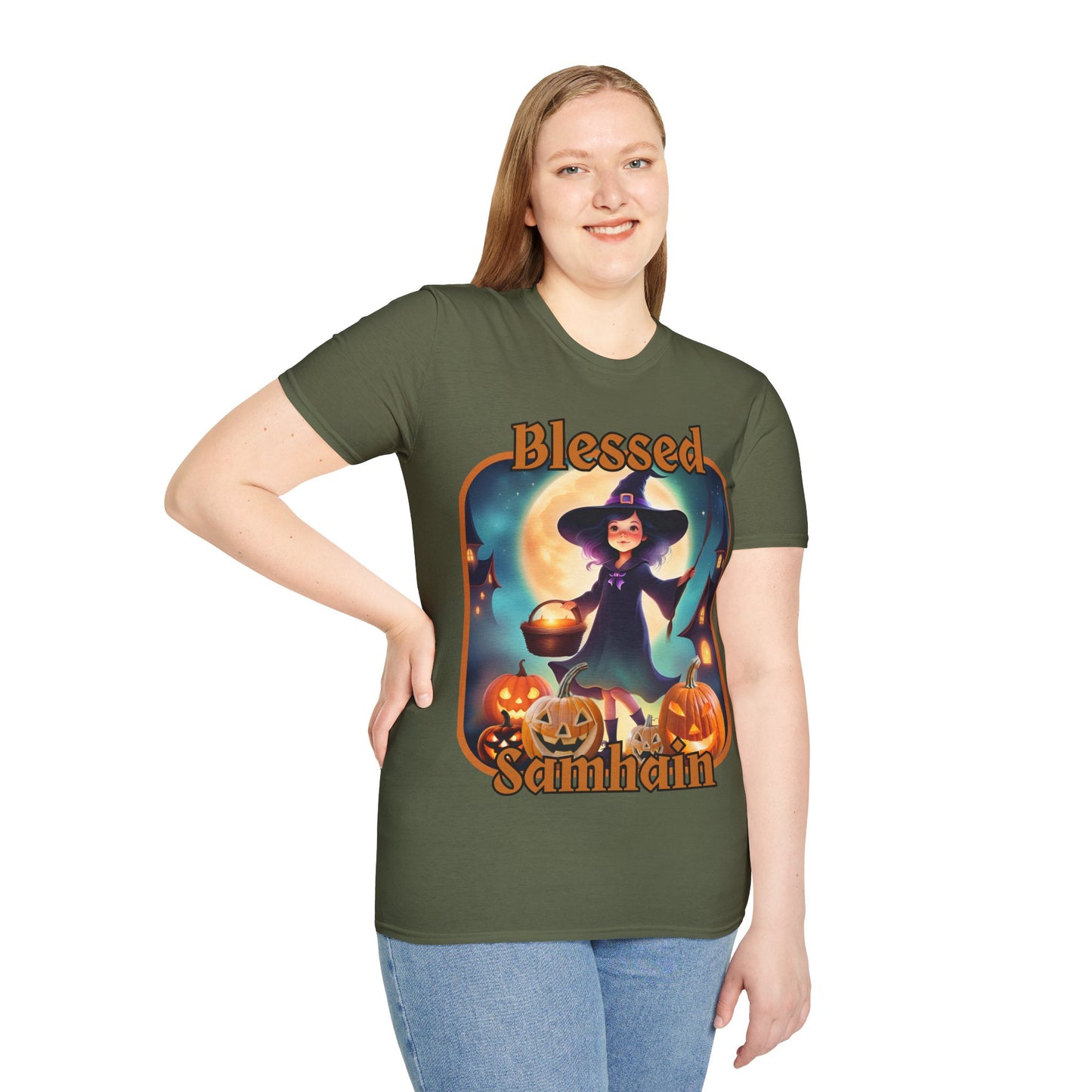 Blessed Samhain Little Witch Orange font Dark colors Unisex T-Shirt by CreepyCrafts.boo